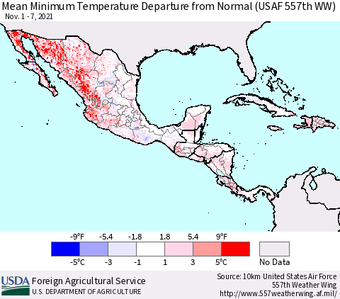 Mexico Central America and the Caribbean Mean Minimum Temperature Departure from Normal (USAF 557th WW) Thematic Map For 11/1/2021 - 11/7/2021