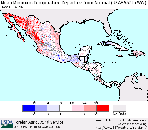 Mexico Central America and the Caribbean Mean Minimum Temperature Departure from Normal (USAF 557th WW) Thematic Map For 11/8/2021 - 11/14/2021