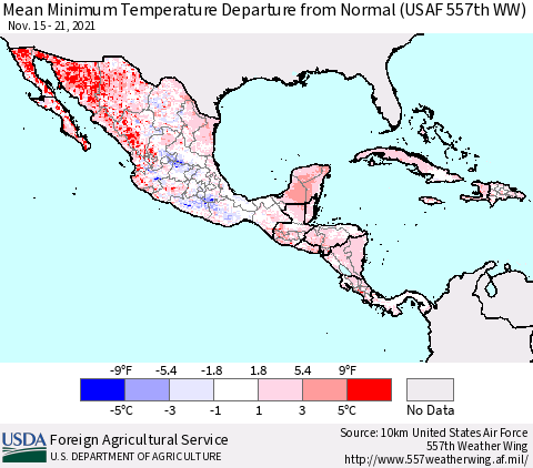 Mexico Central America and the Caribbean Mean Minimum Temperature Departure from Normal (USAF 557th WW) Thematic Map For 11/15/2021 - 11/21/2021