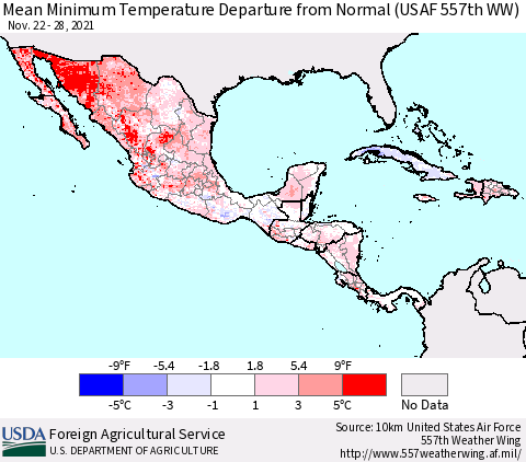 Mexico Central America and the Caribbean Mean Minimum Temperature Departure from Normal (USAF 557th WW) Thematic Map For 11/22/2021 - 11/28/2021