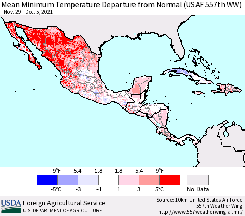 Mexico Central America and the Caribbean Mean Minimum Temperature Departure from Normal (USAF 557th WW) Thematic Map For 11/29/2021 - 12/5/2021