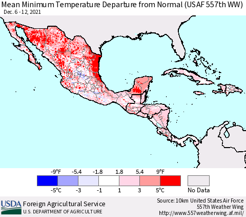 Mexico Central America and the Caribbean Mean Minimum Temperature Departure from Normal (USAF 557th WW) Thematic Map For 12/6/2021 - 12/12/2021