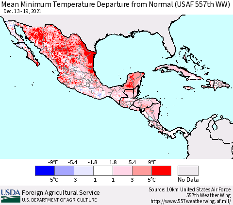 Mexico Central America and the Caribbean Mean Minimum Temperature Departure from Normal (USAF 557th WW) Thematic Map For 12/13/2021 - 12/19/2021