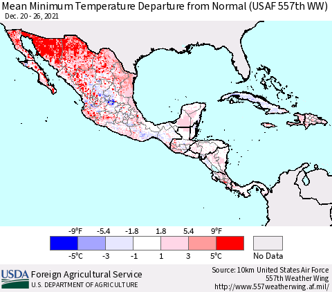 Mexico Central America and the Caribbean Mean Minimum Temperature Departure from Normal (USAF 557th WW) Thematic Map For 12/20/2021 - 12/26/2021