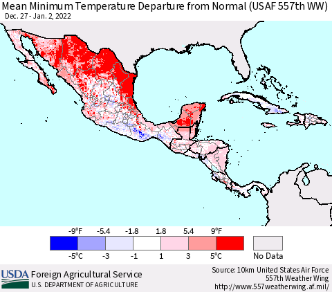 Mexico Central America and the Caribbean Mean Minimum Temperature Departure from Normal (USAF 557th WW) Thematic Map For 12/27/2021 - 1/2/2022