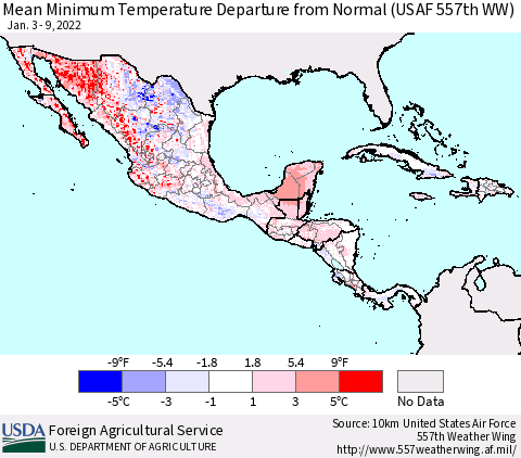 Mexico Central America and the Caribbean Mean Minimum Temperature Departure from Normal (USAF 557th WW) Thematic Map For 1/3/2022 - 1/9/2022