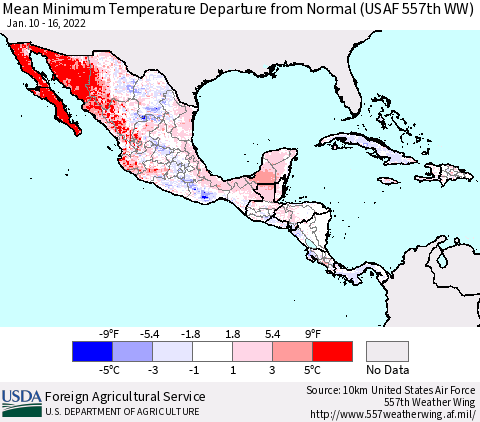 Mexico Central America and the Caribbean Mean Minimum Temperature Departure from Normal (USAF 557th WW) Thematic Map For 1/10/2022 - 1/16/2022