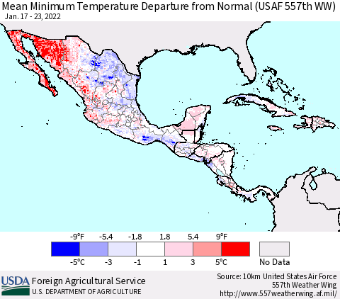 Mexico Central America and the Caribbean Mean Minimum Temperature Departure from Normal (USAF 557th WW) Thematic Map For 1/17/2022 - 1/23/2022