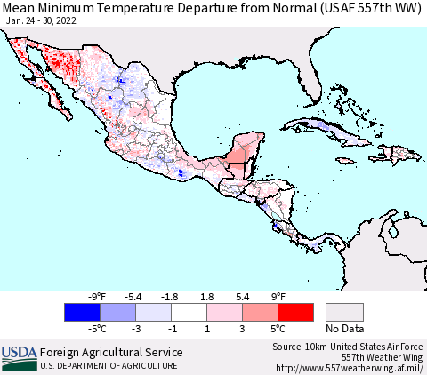 Mexico Central America and the Caribbean Mean Minimum Temperature Departure from Normal (USAF 557th WW) Thematic Map For 1/24/2022 - 1/30/2022
