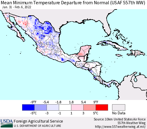 Mexico Central America and the Caribbean Mean Minimum Temperature Departure from Normal (USAF 557th WW) Thematic Map For 1/31/2022 - 2/6/2022