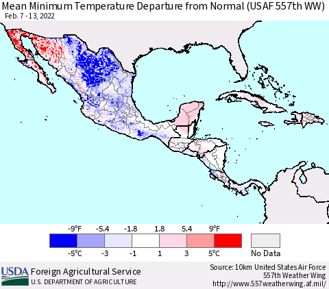Mexico Central America and the Caribbean Mean Minimum Temperature Departure from Normal (USAF 557th WW) Thematic Map For 2/7/2022 - 2/13/2022