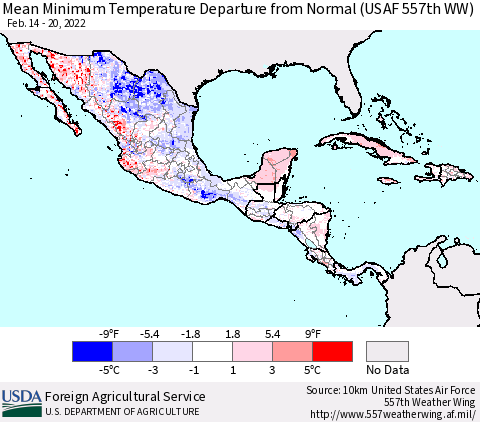 Mexico Central America and the Caribbean Mean Minimum Temperature Departure from Normal (USAF 557th WW) Thematic Map For 2/14/2022 - 2/20/2022