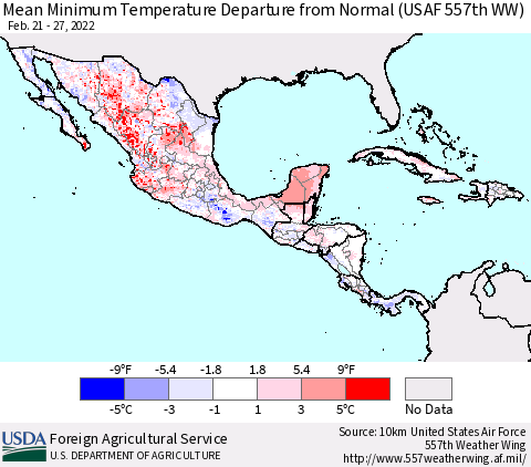 Mexico Central America and the Caribbean Mean Minimum Temperature Departure from Normal (USAF 557th WW) Thematic Map For 2/21/2022 - 2/27/2022