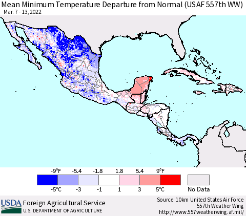 Mexico Central America and the Caribbean Mean Minimum Temperature Departure from Normal (USAF 557th WW) Thematic Map For 3/7/2022 - 3/13/2022