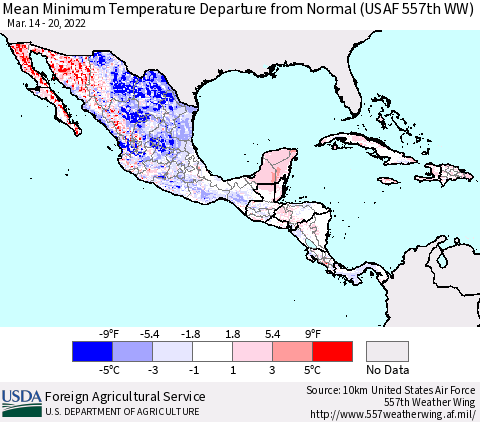 Mexico Central America and the Caribbean Mean Minimum Temperature Departure from Normal (USAF 557th WW) Thematic Map For 3/14/2022 - 3/20/2022