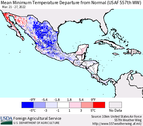 Mexico Central America and the Caribbean Mean Minimum Temperature Departure from Normal (USAF 557th WW) Thematic Map For 3/21/2022 - 3/27/2022