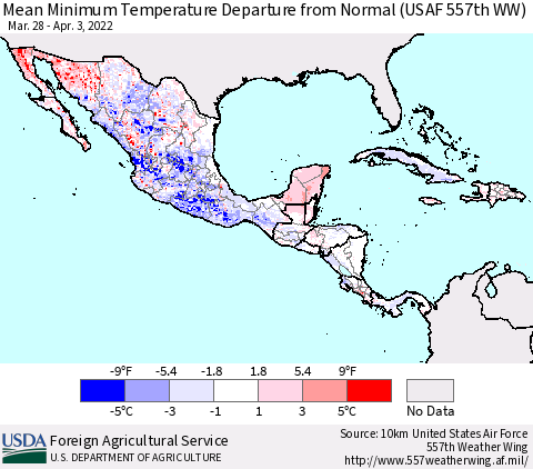 Mexico Central America and the Caribbean Mean Minimum Temperature Departure from Normal (USAF 557th WW) Thematic Map For 3/28/2022 - 4/3/2022