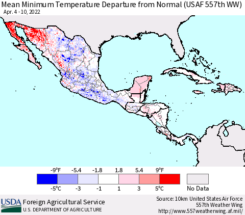 Mexico Central America and the Caribbean Mean Minimum Temperature Departure from Normal (USAF 557th WW) Thematic Map For 4/4/2022 - 4/10/2022