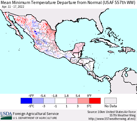 Mexico Central America and the Caribbean Mean Minimum Temperature Departure from Normal (USAF 557th WW) Thematic Map For 4/11/2022 - 4/17/2022