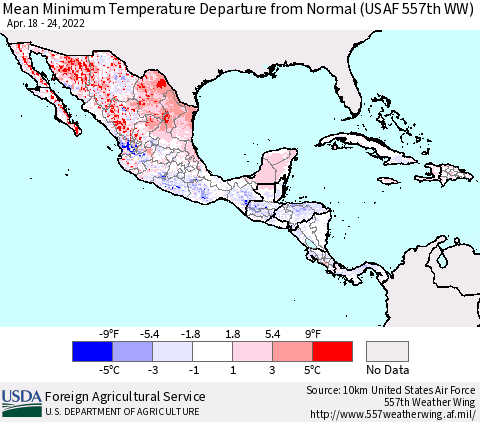 Mexico Central America and the Caribbean Mean Minimum Temperature Departure from Normal (USAF 557th WW) Thematic Map For 4/18/2022 - 4/24/2022