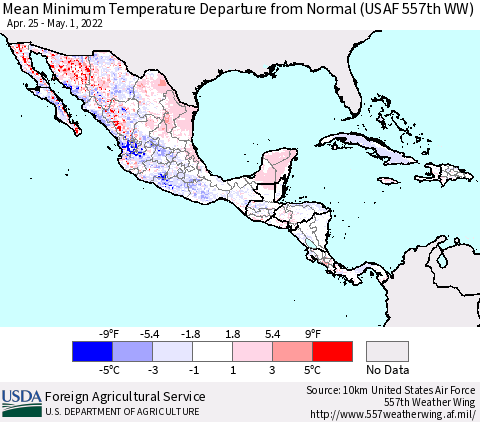 Mexico Central America and the Caribbean Mean Minimum Temperature Departure from Normal (USAF 557th WW) Thematic Map For 4/25/2022 - 5/1/2022