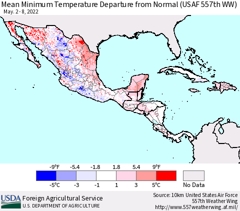 Mexico Central America and the Caribbean Mean Minimum Temperature Departure from Normal (USAF 557th WW) Thematic Map For 5/2/2022 - 5/8/2022