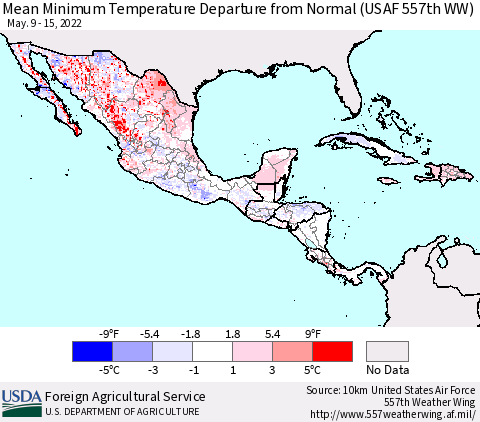 Mexico Central America and the Caribbean Mean Minimum Temperature Departure from Normal (USAF 557th WW) Thematic Map For 5/9/2022 - 5/15/2022