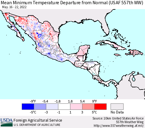 Mexico Central America and the Caribbean Mean Minimum Temperature Departure from Normal (USAF 557th WW) Thematic Map For 5/16/2022 - 5/22/2022