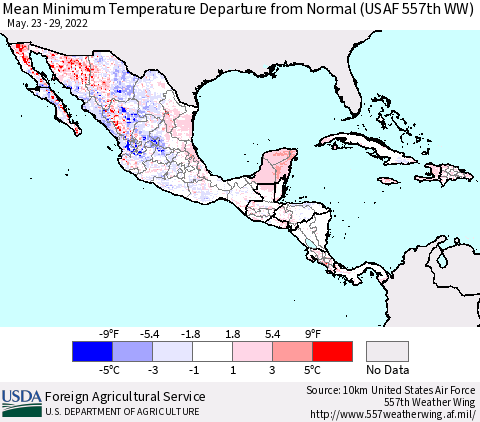 Mexico Central America and the Caribbean Mean Minimum Temperature Departure from Normal (USAF 557th WW) Thematic Map For 5/23/2022 - 5/29/2022