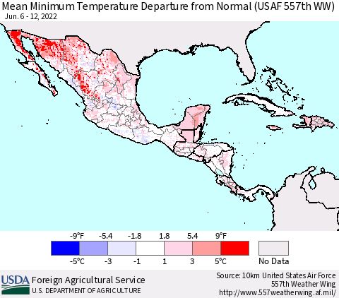 Mexico Central America and the Caribbean Mean Minimum Temperature Departure from Normal (USAF 557th WW) Thematic Map For 6/6/2022 - 6/12/2022