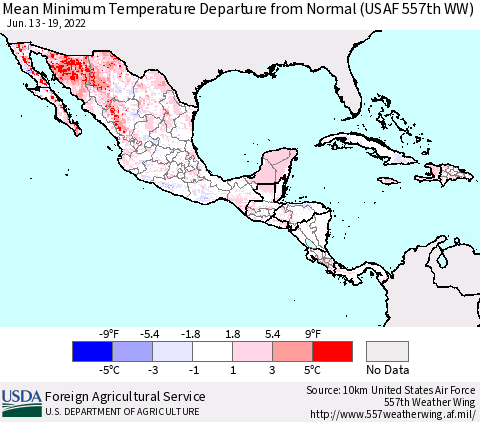 Mexico Central America and the Caribbean Mean Minimum Temperature Departure from Normal (USAF 557th WW) Thematic Map For 6/13/2022 - 6/19/2022
