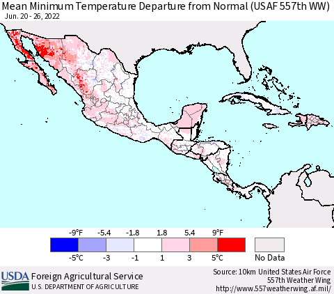 Mexico Central America and the Caribbean Mean Minimum Temperature Departure from Normal (USAF 557th WW) Thematic Map For 6/20/2022 - 6/26/2022