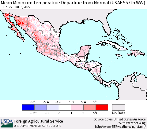 Mexico Central America and the Caribbean Mean Minimum Temperature Departure from Normal (USAF 557th WW) Thematic Map For 6/27/2022 - 7/3/2022