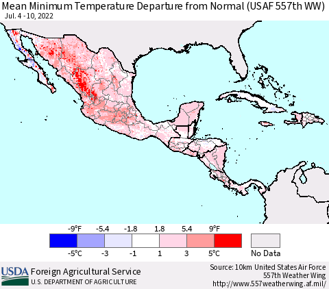 Mexico Central America and the Caribbean Mean Minimum Temperature Departure from Normal (USAF 557th WW) Thematic Map For 7/4/2022 - 7/10/2022