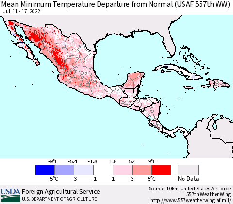 Mexico Central America and the Caribbean Mean Minimum Temperature Departure from Normal (USAF 557th WW) Thematic Map For 7/11/2022 - 7/17/2022