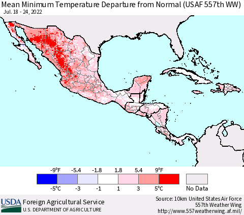 Mexico Central America and the Caribbean Mean Minimum Temperature Departure from Normal (USAF 557th WW) Thematic Map For 7/18/2022 - 7/24/2022