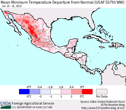 Mexico Central America and the Caribbean Mean Minimum Temperature Departure from Normal (USAF 557th WW) Thematic Map For 7/25/2022 - 7/31/2022