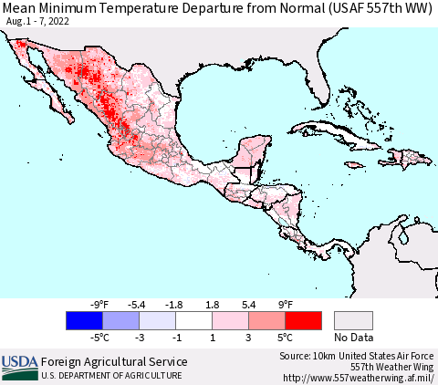 Mexico Central America and the Caribbean Mean Minimum Temperature Departure from Normal (USAF 557th WW) Thematic Map For 8/1/2022 - 8/7/2022