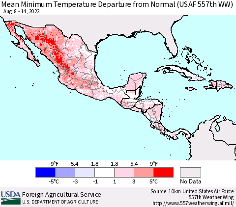 Mexico Central America and the Caribbean Mean Minimum Temperature Departure from Normal (USAF 557th WW) Thematic Map For 8/8/2022 - 8/14/2022