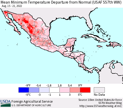 Mexico Central America and the Caribbean Mean Minimum Temperature Departure from Normal (USAF 557th WW) Thematic Map For 8/15/2022 - 8/21/2022
