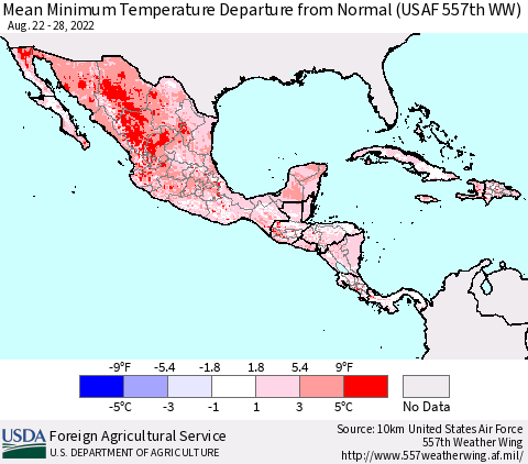 Mexico Central America and the Caribbean Mean Minimum Temperature Departure from Normal (USAF 557th WW) Thematic Map For 8/22/2022 - 8/28/2022