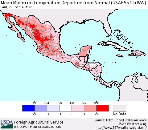 Mexico Central America and the Caribbean Mean Minimum Temperature Departure from Normal (USAF 557th WW) Thematic Map For 8/29/2022 - 9/4/2022