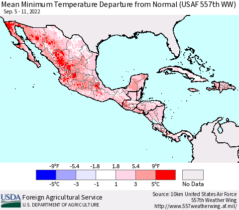 Mexico Central America and the Caribbean Mean Minimum Temperature Departure from Normal (USAF 557th WW) Thematic Map For 9/5/2022 - 9/11/2022