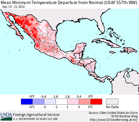 Mexico Central America and the Caribbean Mean Minimum Temperature Departure from Normal (USAF 557th WW) Thematic Map For 9/19/2022 - 9/25/2022