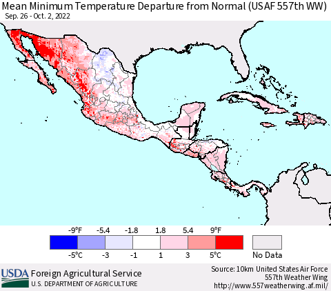 Mexico Central America and the Caribbean Mean Minimum Temperature Departure from Normal (USAF 557th WW) Thematic Map For 9/26/2022 - 10/2/2022