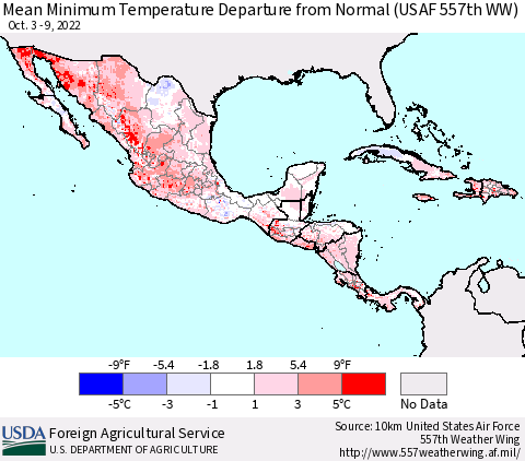 Mexico Central America and the Caribbean Mean Minimum Temperature Departure from Normal (USAF 557th WW) Thematic Map For 10/3/2022 - 10/9/2022
