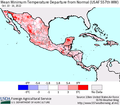 Mexico Central America and the Caribbean Mean Minimum Temperature Departure from Normal (USAF 557th WW) Thematic Map For 10/10/2022 - 10/16/2022