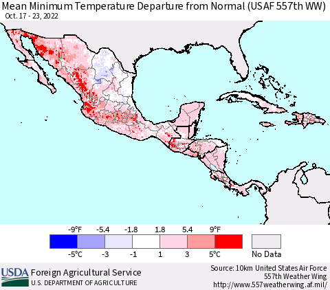 Mexico Central America and the Caribbean Mean Minimum Temperature Departure from Normal (USAF 557th WW) Thematic Map For 10/17/2022 - 10/23/2022