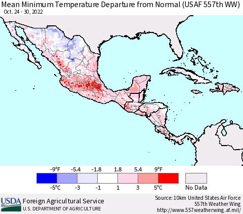 Mexico Central America and the Caribbean Mean Minimum Temperature Departure from Normal (USAF 557th WW) Thematic Map For 10/24/2022 - 10/30/2022