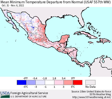 Mexico Central America and the Caribbean Mean Minimum Temperature Departure from Normal (USAF 557th WW) Thematic Map For 10/31/2022 - 11/6/2022